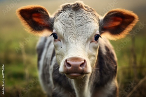 Cute young calf with large blue eyes and mischievous behavior. Generative AI © Zosia