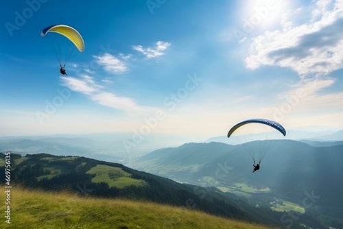 Paragliders silhouette over beautiful green landscape with blue sky and clouds. Generative AI