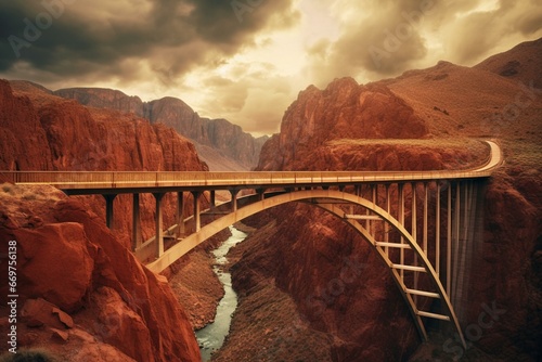 A bridge stretching across a scenic canyon amidst mountains. Generative AI