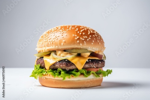 Burger with veggies and cheese on white background. Generative AI