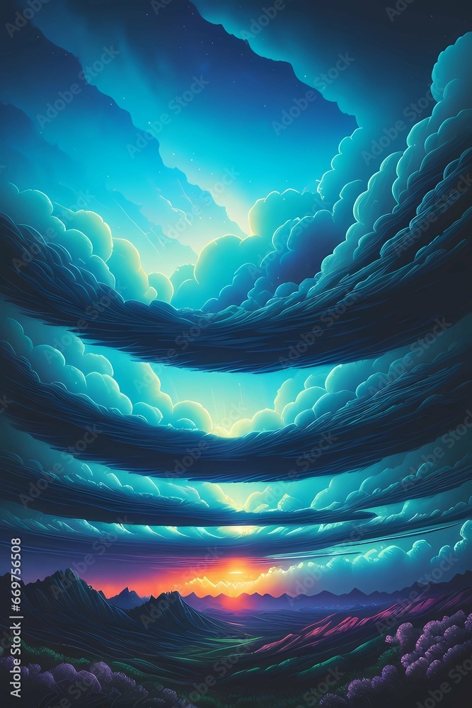 A painting of a sunset with blue clouds.