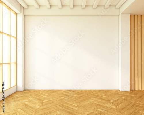 Fototapeta Naklejka Na Ścianę i Meble -  Empty room decorated with white wall and wood floor. 3d rendering