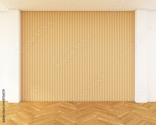 Empty room decorated with light brown slat wall and wood floor. 3d rendering © Phongphan