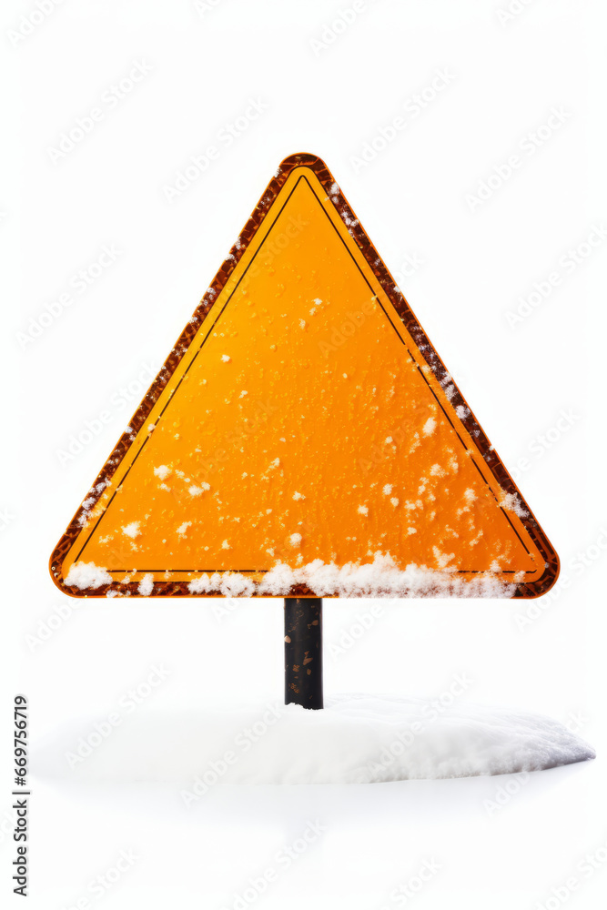 A blank road warning sign covered in ice and snow. Winter travel and driving