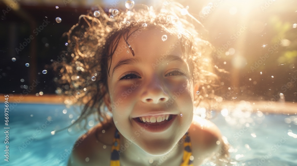 Cute smiling child having fun swimming and diving in the pool at the resort on summer vacation. Sun shines under water and sparkling water reflection. Activities and sports to happy kid Cute smiling child having fun swimming and diving in the pool at the resort on summer vacation. Sun shines under water and sparkling water reflection. Activities and sports to happy kid