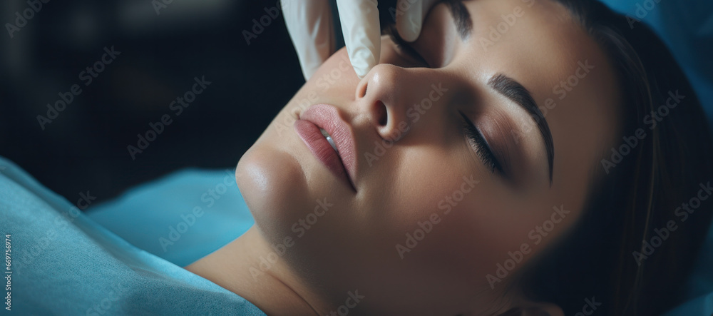 plastic surgery, beauty, Surgeon or beautician touching woman face, surgical procedure that involve altering shape of nose, doctor examines patient nose before rhinoplasty, medical assistance, health - obrazy, fototapety, plakaty 