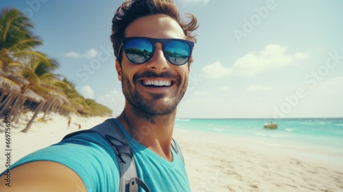 close-up shot of a good-looking male tourist. Enjoy free time outdoors near the sea on the beach. Looking at the camera while relaxing on a clear day Poses for travel selfies smiling happy tropical #669756907