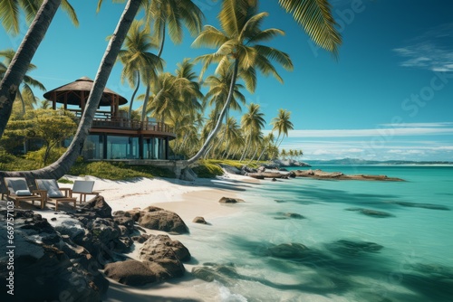 Tropical bungallow on the amazing beach with a palm tree