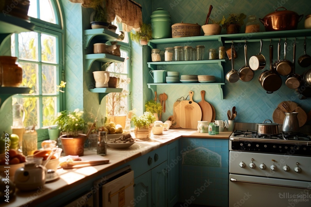 Vintage-style Provence kitchen decorated with nostalgic kitchenware. Generative AI