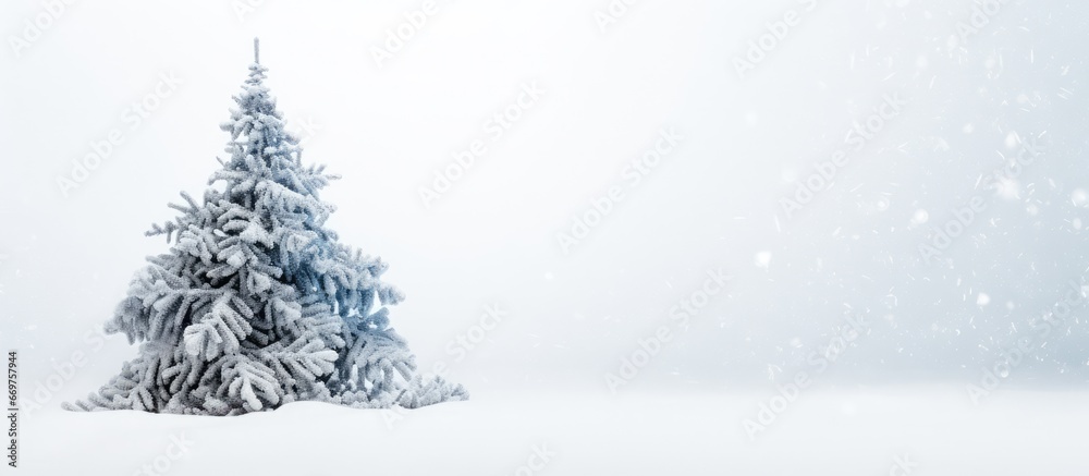 Snow covered landscape with a Christmas tree adorned in soft needles