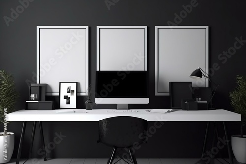 Bright contemporary workspace with a desk and computer. Display frames are used as placeholders for artwork. Generative AI © Zosia