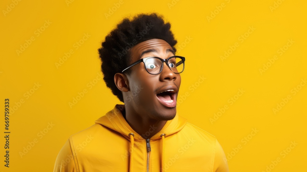 A Burst of Surprise A Man's Gesture on a Yellow Background - obrazy, fototapety, plakaty 