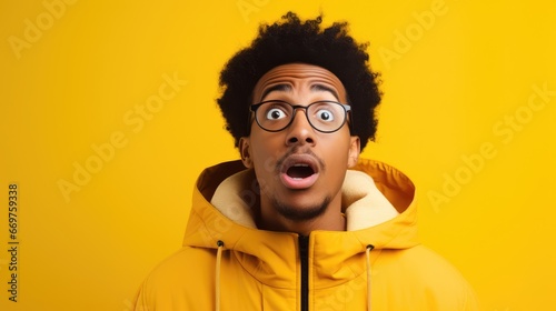 A Burst of Surprise A Man's Gesture on a Yellow Background