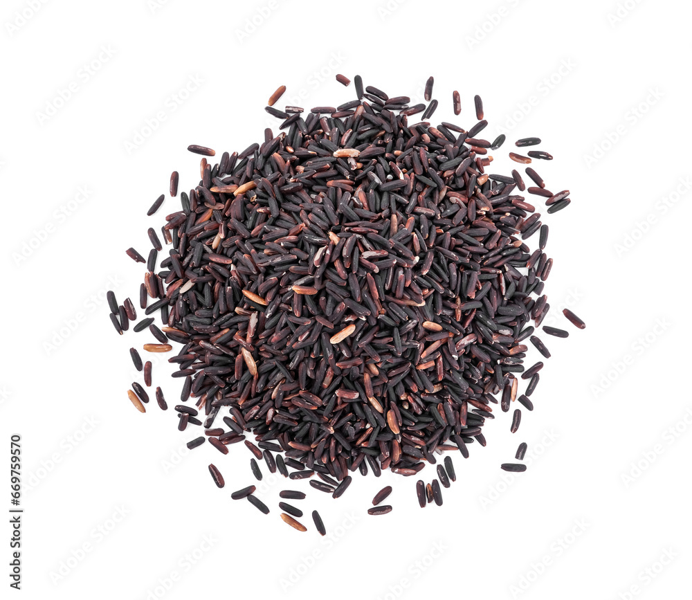 Obraz premium Pile of raw black rice isolated on white, top view