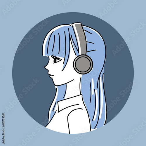 ヘッドホンをしたおしゃれな女性の横顔アイコンイラスト