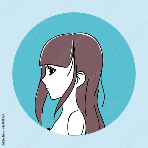 前髪ぱっつんのおしゃれな女性の横顔アイコンイラスト