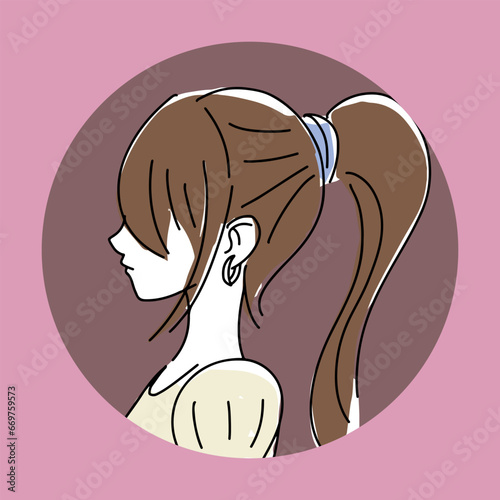 ポニーテールのおしゃれな女性の横顔アイコンイラスト