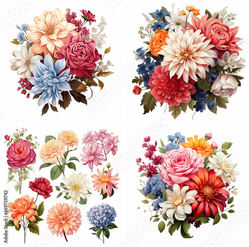 watercolor head petal bouquet no people botanical illustration set collection white art red floral