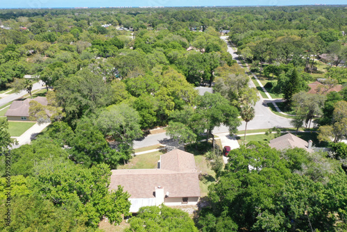 Aerial of residential Port Orange, Florida neighborhood nestled amongst trees.