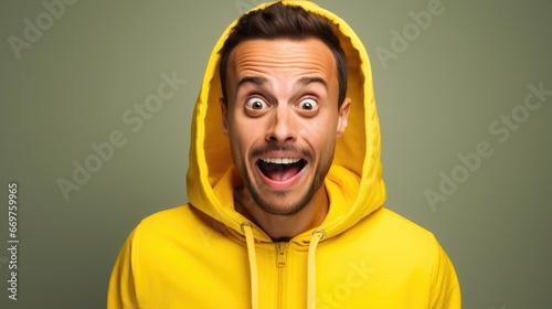A Burst of Surprise A Man's Gesture on a Colorful Background