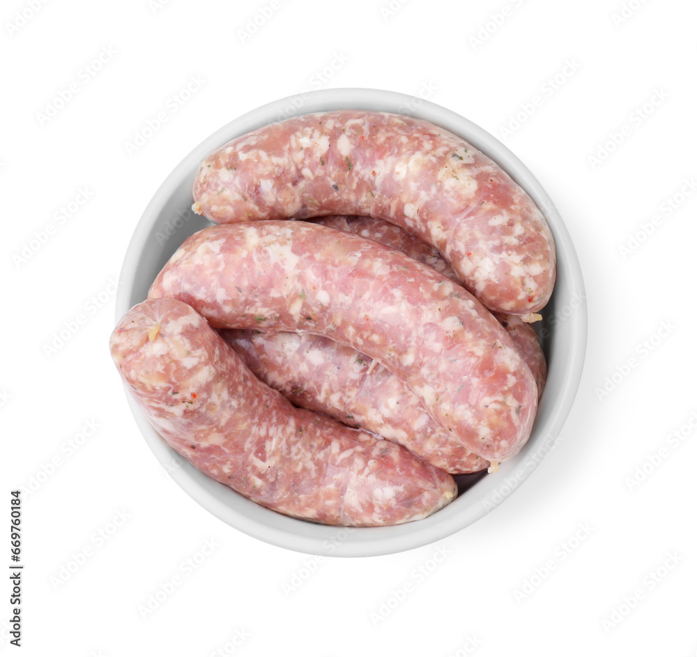 Raw homemade sausages in bowl isolated on white, top view Raw homemade sausages in bowl isolated on white, top view