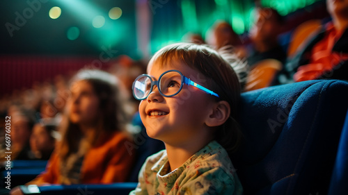映画館でメガネをかけて映画を見る子供
 photo