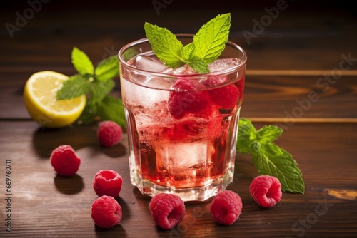 Close-up shot of a fizzy raspberry and ginger ale drink served with ice cubes and mint