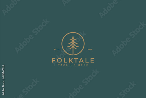 Folk Pine Tree Retro Minimalist Logo Badge Concept Sign Symbol 