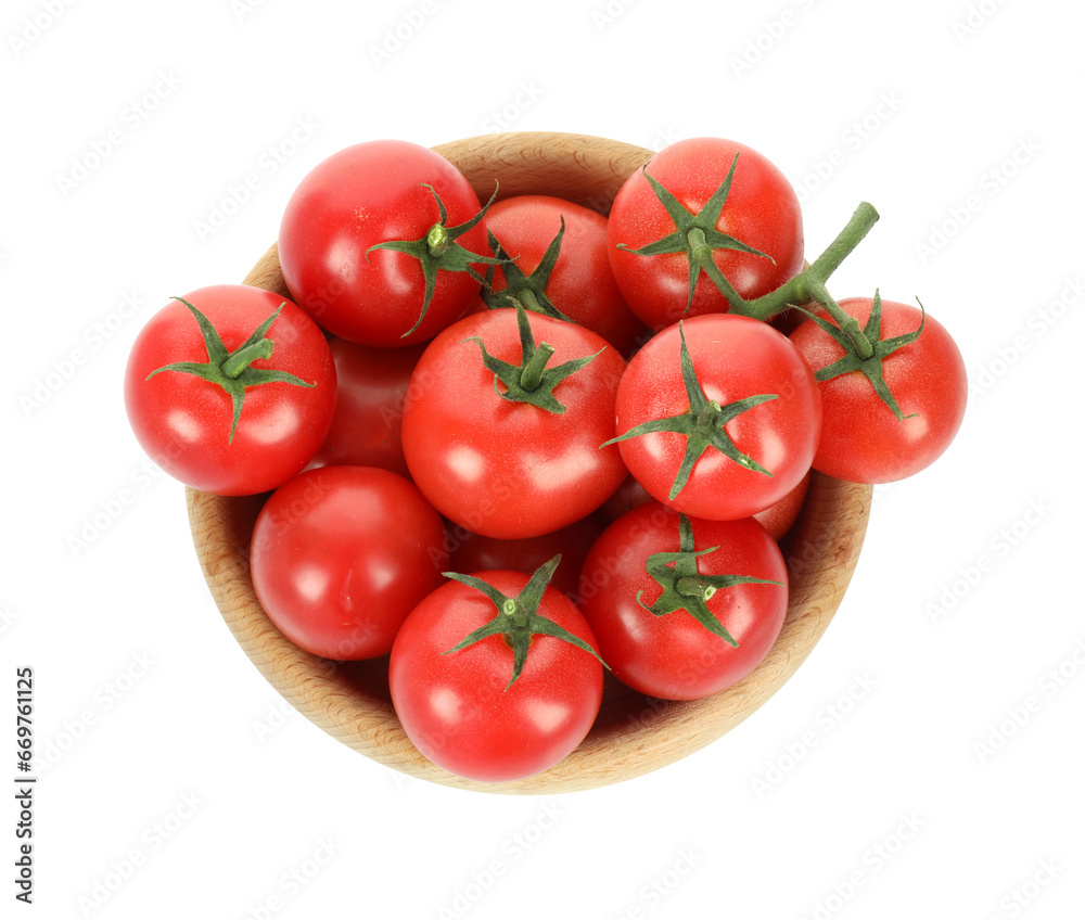 Bowl with fresh ripe cherry tomatoes isolated on white, top view