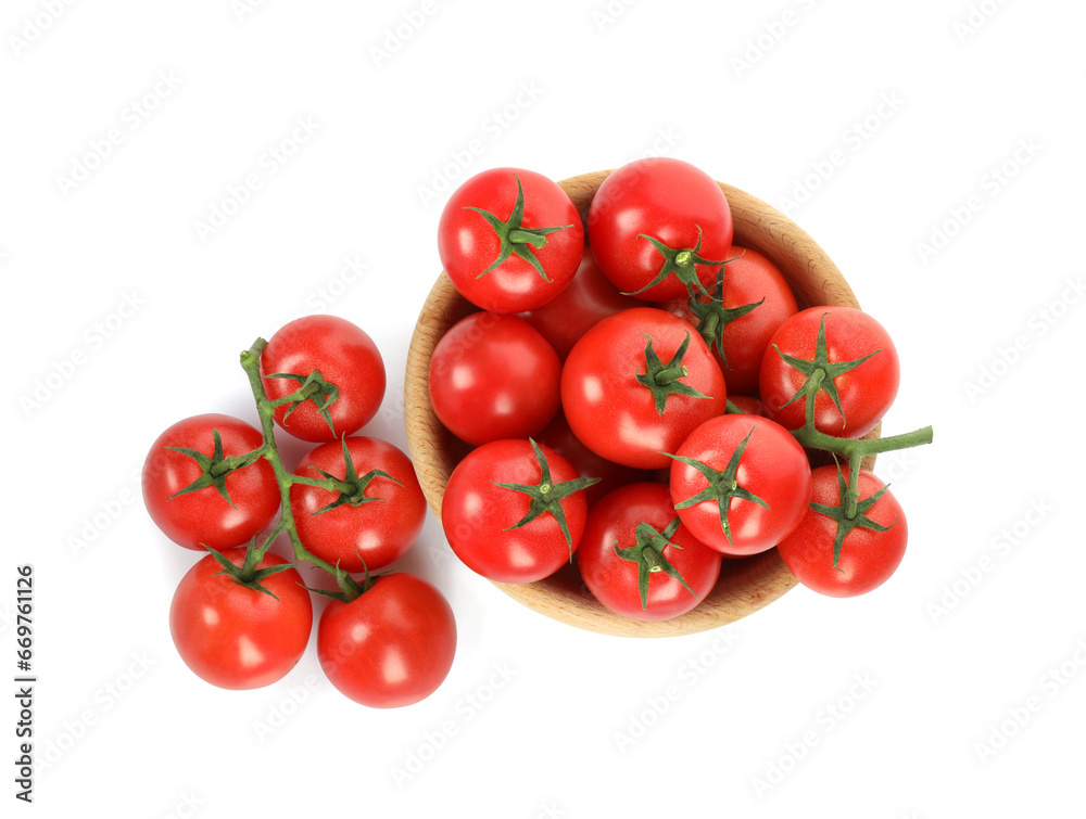 Bowl with fresh ripe cherry tomatoes isolated on white, top view Bowl with fresh ripe cherry tomatoes isolated on white, top view