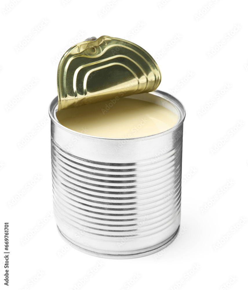 Open tin can with condensed milk isolated on white Open tin can with condensed milk isolated on white