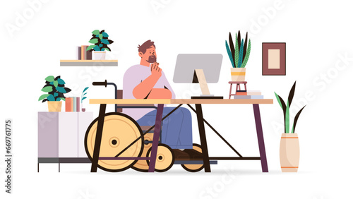 disabled man article editor in wheelchair guy working on computer people with disabilities concept horizontal