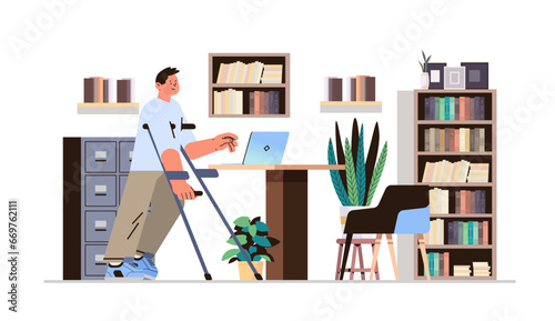disabled man standing with walking stick in office people with disabilities concept horizontal