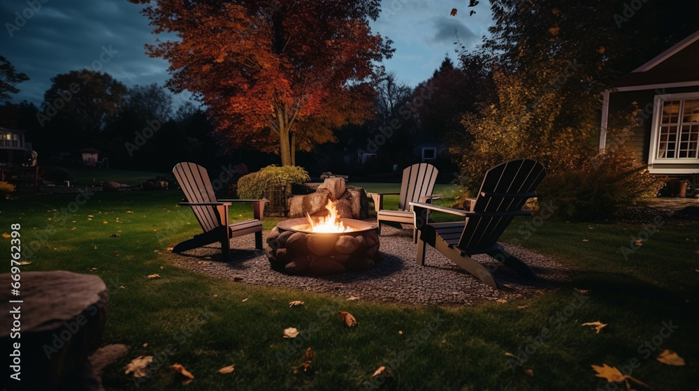 Outdoor fire pit in the backyard, with lawn chairs arranged around a backyard fire pit generative ai