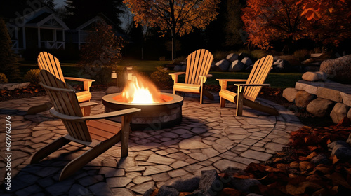 Roaring fire in a stone fire pit wood logs and surrounded trees at dusk in a backyard. generative ai