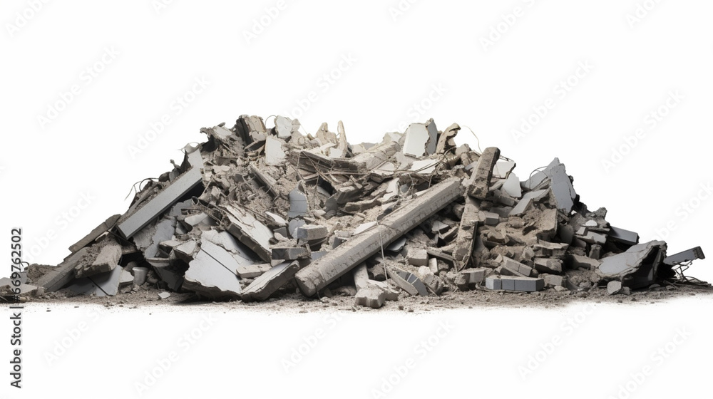 Panorama. A pile of gray concrete debris remains of a destroyed building on a white. generative ai - obrazy, fototapety, plakaty 