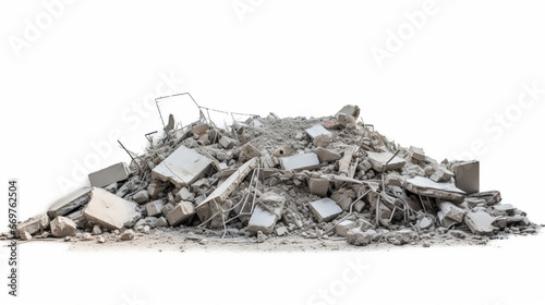 Panorama. A pile of gray concrete debris remains of a destroyed building on a white. generative ai photo
