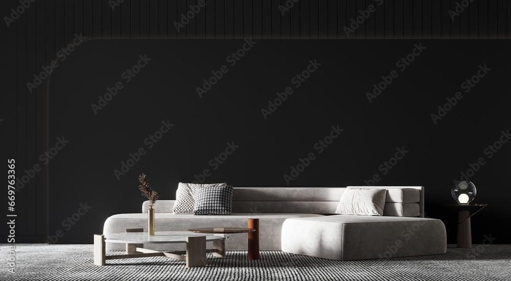 Modern interior of living room with white sofa decoration on empty dark color wall background. 3d render. - obrazy, fototapety, plakaty 