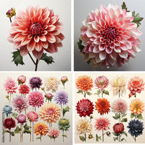 watercolor head petal bouquet no people botanical illustration set collection white art red floral