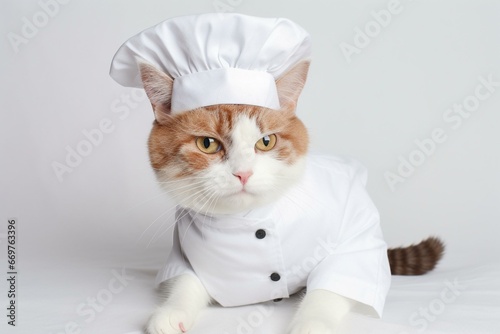 Humorous feline in chef outfit against white backdrop. Generative AI © Rhiannon