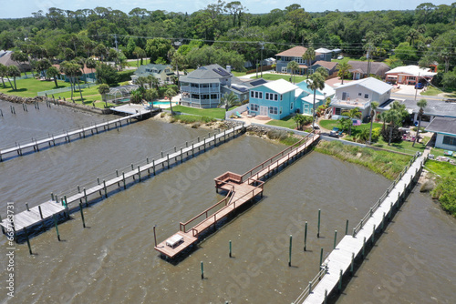 Aerial of Halifax River (Intracoastal Waterway ) front homes with boat docks, Daytona Beach, Florida, USA.	