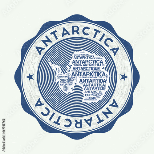 Antarctica seal. Country round logo with shape of Antarctica and country name in multiple languages word cloud. Beautiful emblem. Stylish vector illustration.