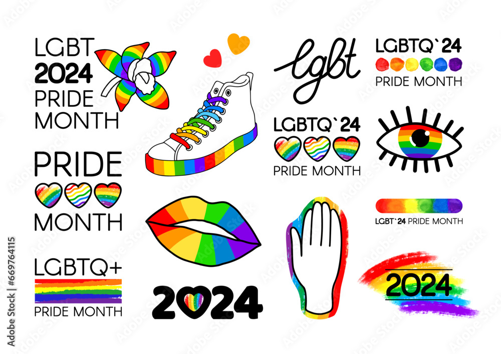 Big Set of LGBT Pride Month 2024. LGBT flag brush strokes, logos ...