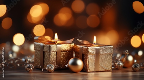 christmas candles and gifts with blurry bokeh background © davello