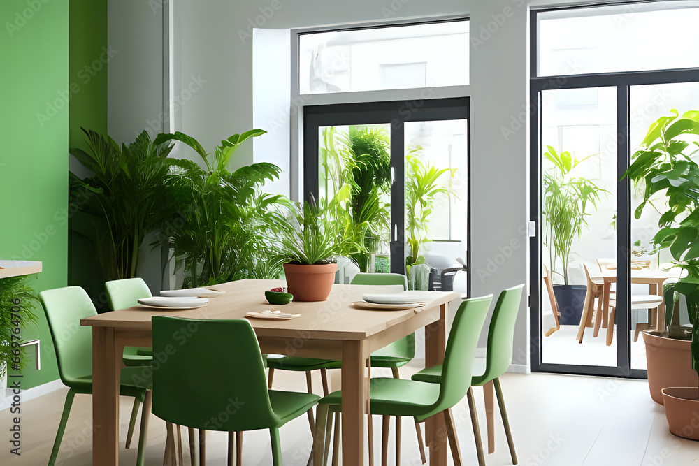 Open kitchen with empty dining room table and chairs outside, against green fresh plants in the background