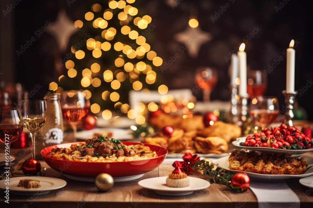 The holiday meal arranged on the dining table with the Christmas tree forming a picturesque setting behind
