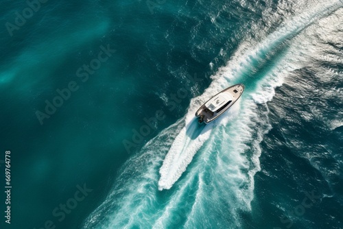 Bird's-eye seascape showing elegant boat gliding across azure waters. Generative AI
