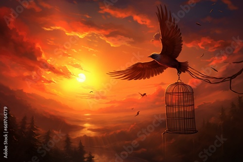 Freedom as a bird breaks free from a cage, soaring before a magnificent sunset. Generative AI © Safi
