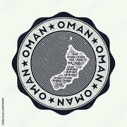 Oman seal. Country round logo with shape of Oman and country name in multiple languages word cloud. Artistic emblem. Classy vector illustration.