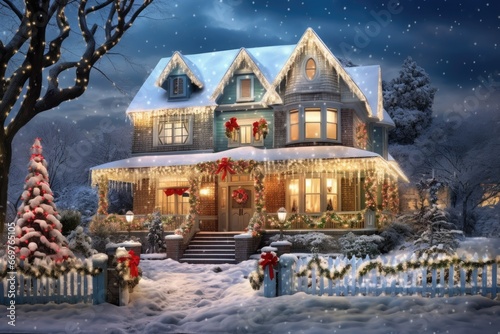 snow-covered house decorated with festive decor and garlands for Christmas © InfiniteStudio